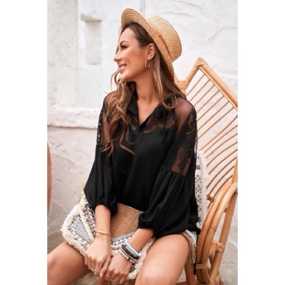 Boho Chic Black Lace Long Sleeve Blouse - Picture 2 of 8